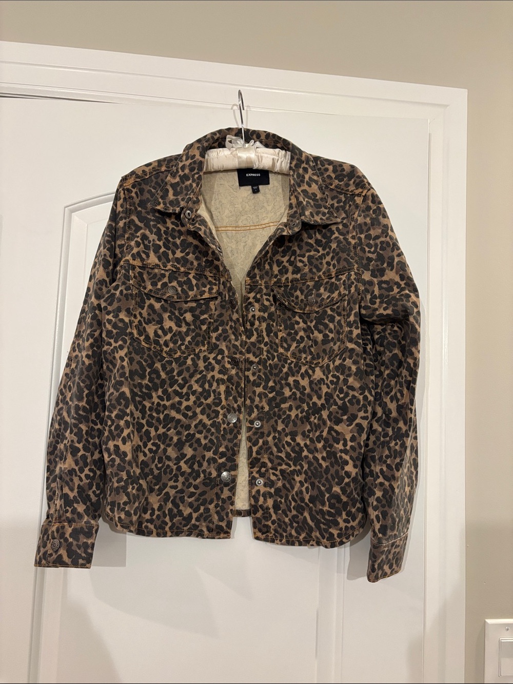 Express Leopard Print Jean Jacket in Brown and Black